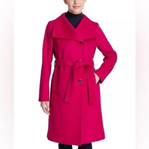 Michael Kors Women's Asymmetric Belted Wrap Coat Women's Fuchsia Pea Coat Size M